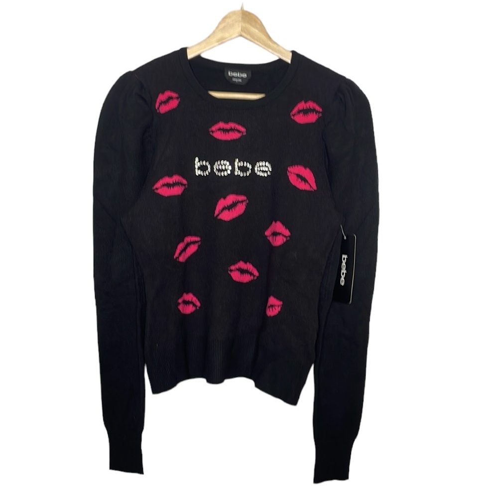 NWT BEBE LIP GRAPHIC SWEATER w/ SEQUIN LOGO BLACK KNIT WITH PUFFY SLEEVES SZ L